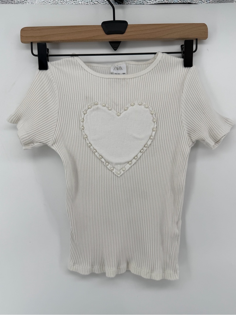 Zara Cream Ribbed Tee with Pearl Heart Trim